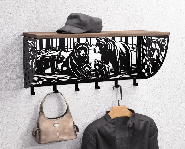 Bears Wall-Mounted Coat rack with shelf. DXF, SVG files for plasma, laser cutting. Wall Coatrack with shelf