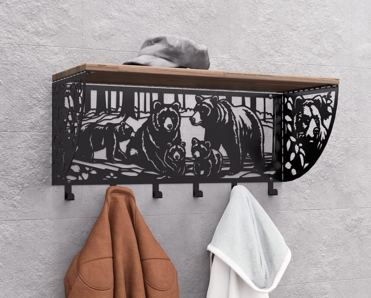 Bears Wall-Mounted Coat rack with shelf. DXF, SVG files for plasma, laser cutting. Wall Coatrack with shelf. Фото 4