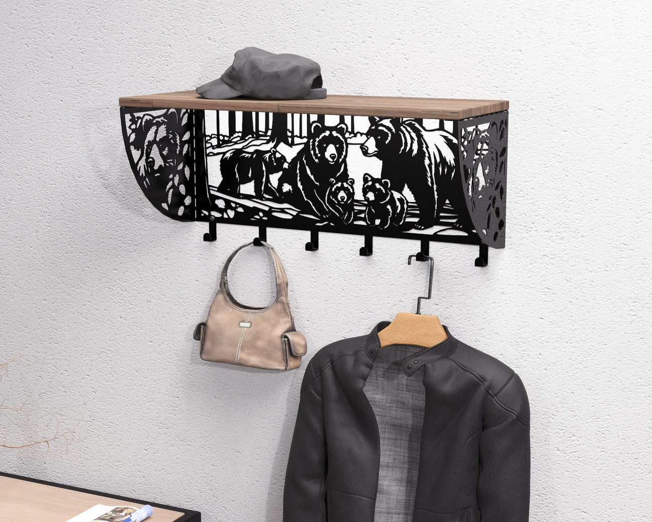 Bears Wall-Mounted Coat rack with shelf. DXF, SVG files for plasma, laser cutting. Wall Coatrack with shelf. Фото 3