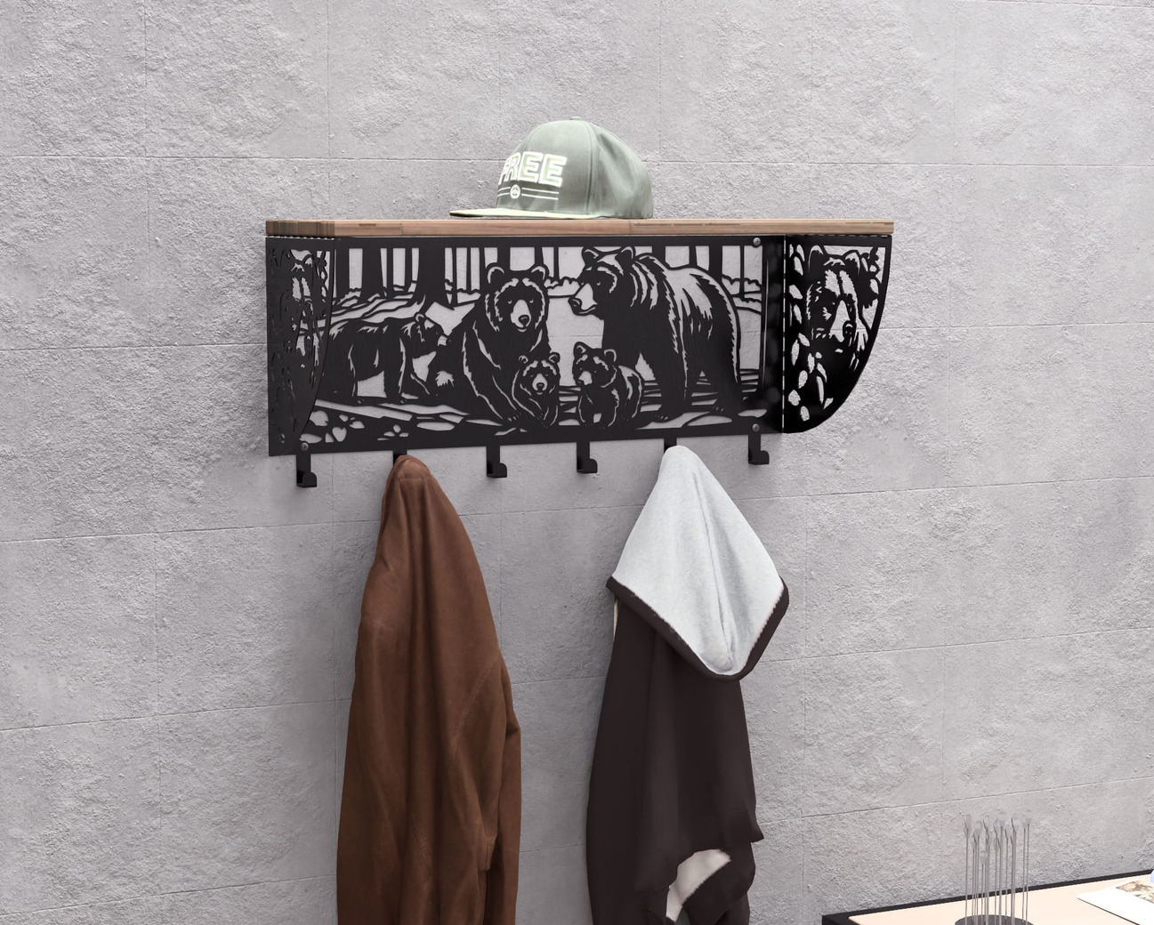 Bears Wall-Mounted Coat rack with shelf. DXF, SVG files for plasma, laser cutting. Wall Coatrack with shelf. Фото 2