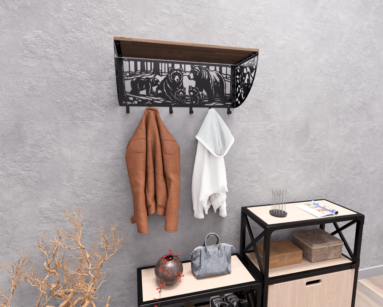 Bears Wall-Mounted Coat rack with shelf. DXF, SVG files for plasma, laser cutting. Wall Coatrack with shelf. Фото 5