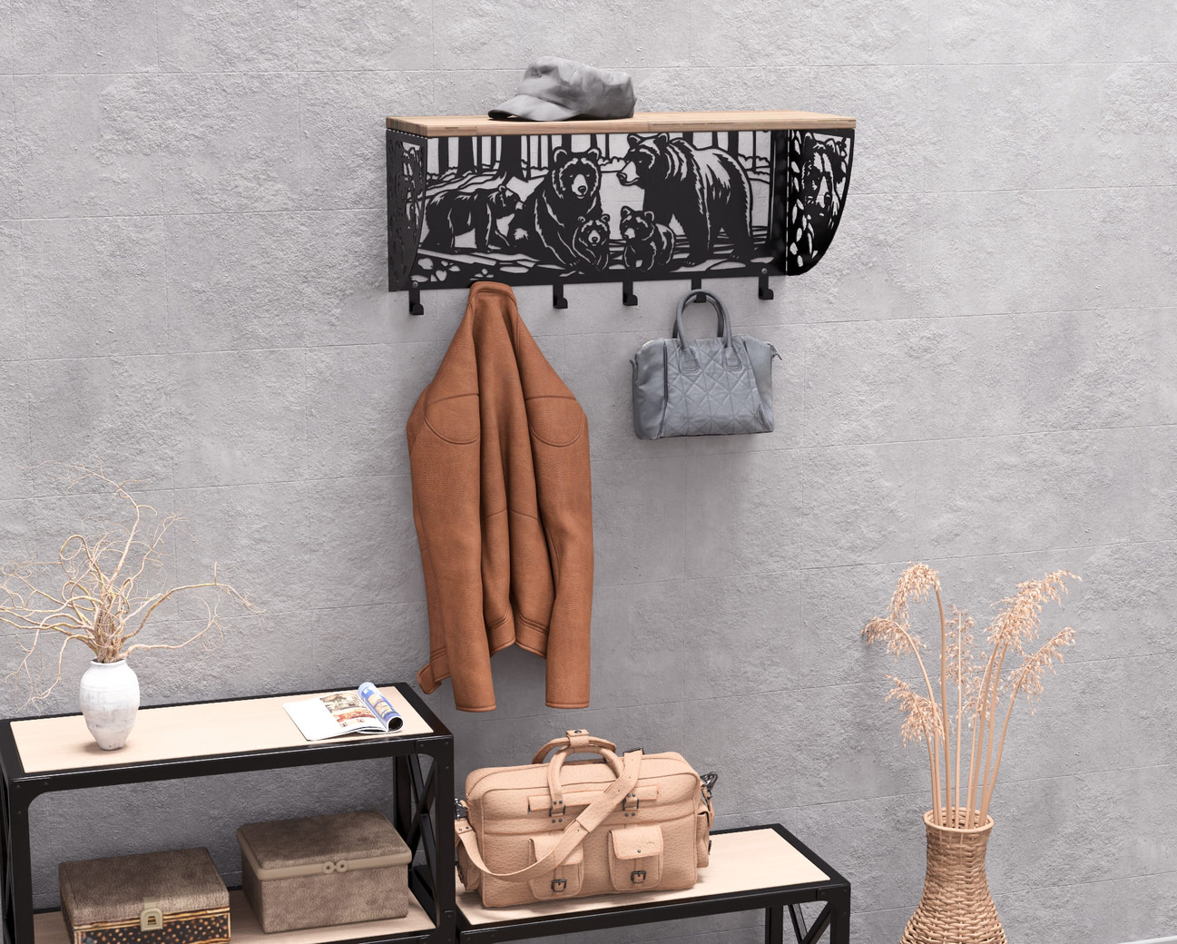 Bears Wall-Mounted Coat rack with shelf. DXF, SVG files for plasma, laser cutting. Wall Coatrack with shelf. Фото 7