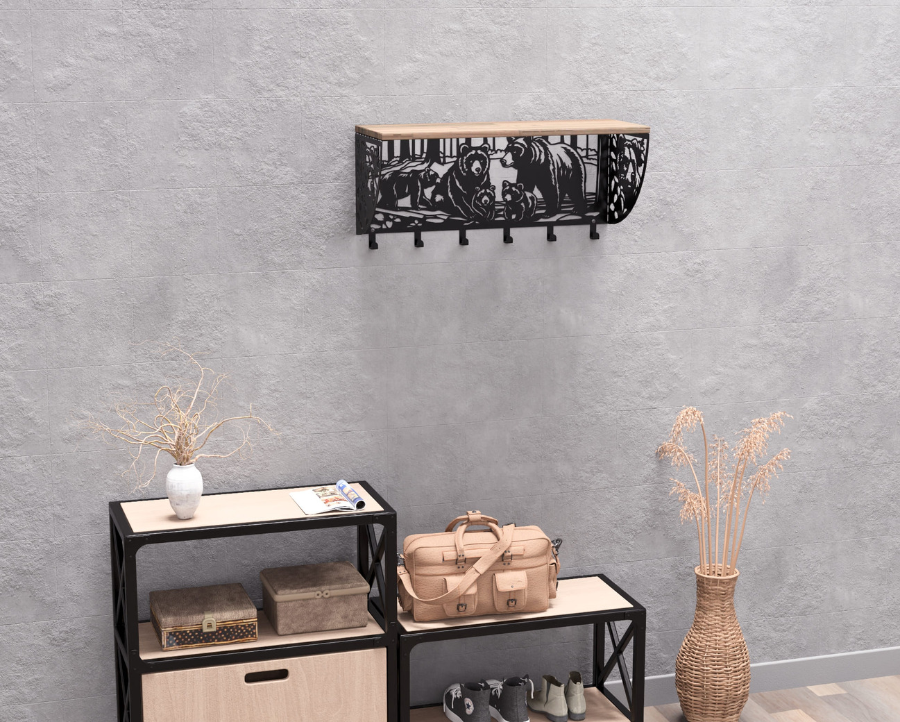 Bears Wall-Mounted Coat rack with shelf. DXF, SVG files for plasma, laser cutting. Wall Coatrack with shelf. Фото 8