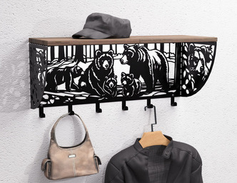 Bears Wall-Mounted Coat rack with shelf. DXF, SVG files for plasma, laser cutting. Wall Coatrack with shelf