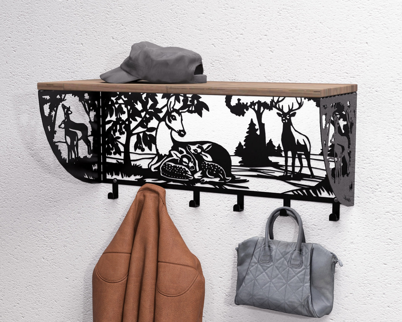 Deer Wall-Mounted Coat rack with shelf. DXF, SVG files for plasma, laser cutting. Wall Coatrack with shelf