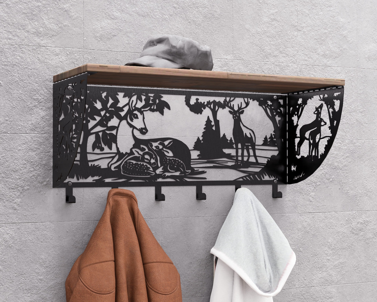 Deer Wall-Mounted Coat rack with shelf. DXF, SVG files for plasma, laser cutting. Wall Coatrack with shelf. Фото 3