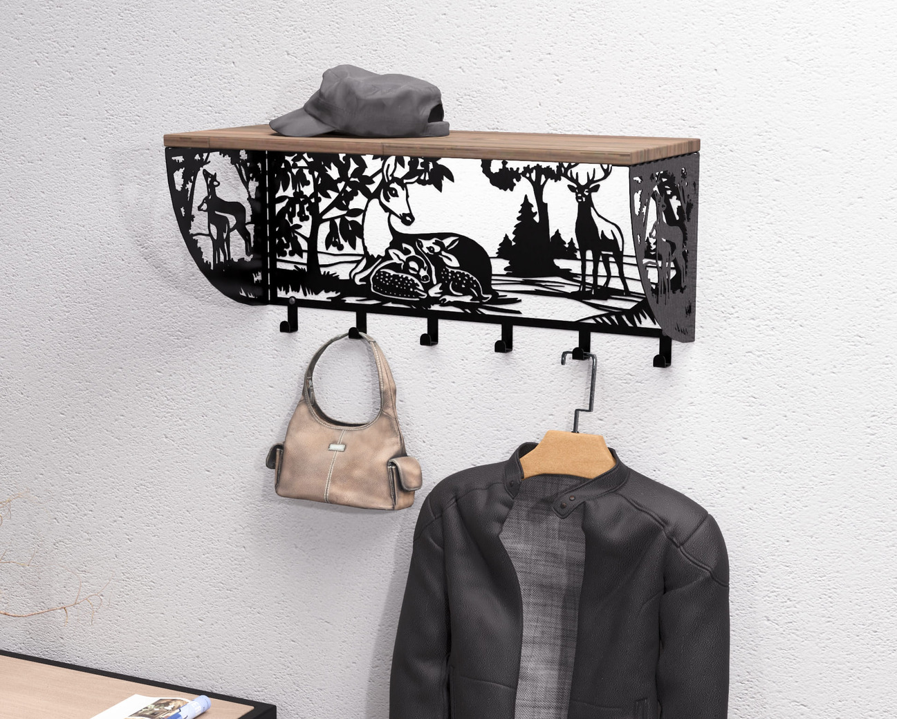 Deer Wall-Mounted Coat rack with shelf. DXF, SVG files for plasma, laser cutting. Wall Coatrack with shelf. Фото 2