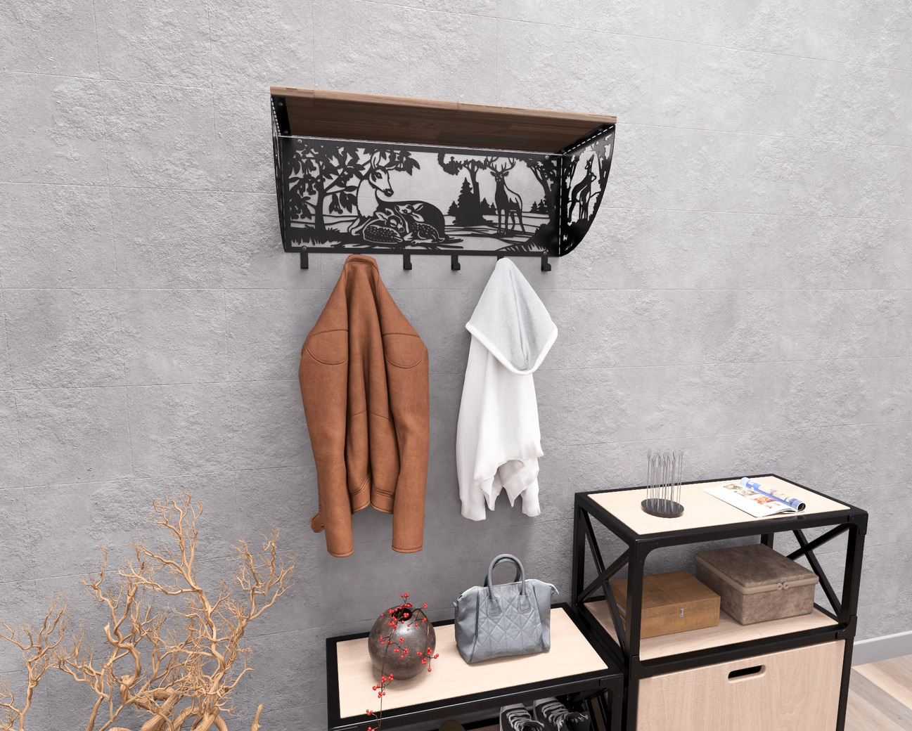 Deer Wall-Mounted Coat rack with shelf. DXF, SVG files for plasma, laser cutting. Wall Coatrack with shelf. Фото 5