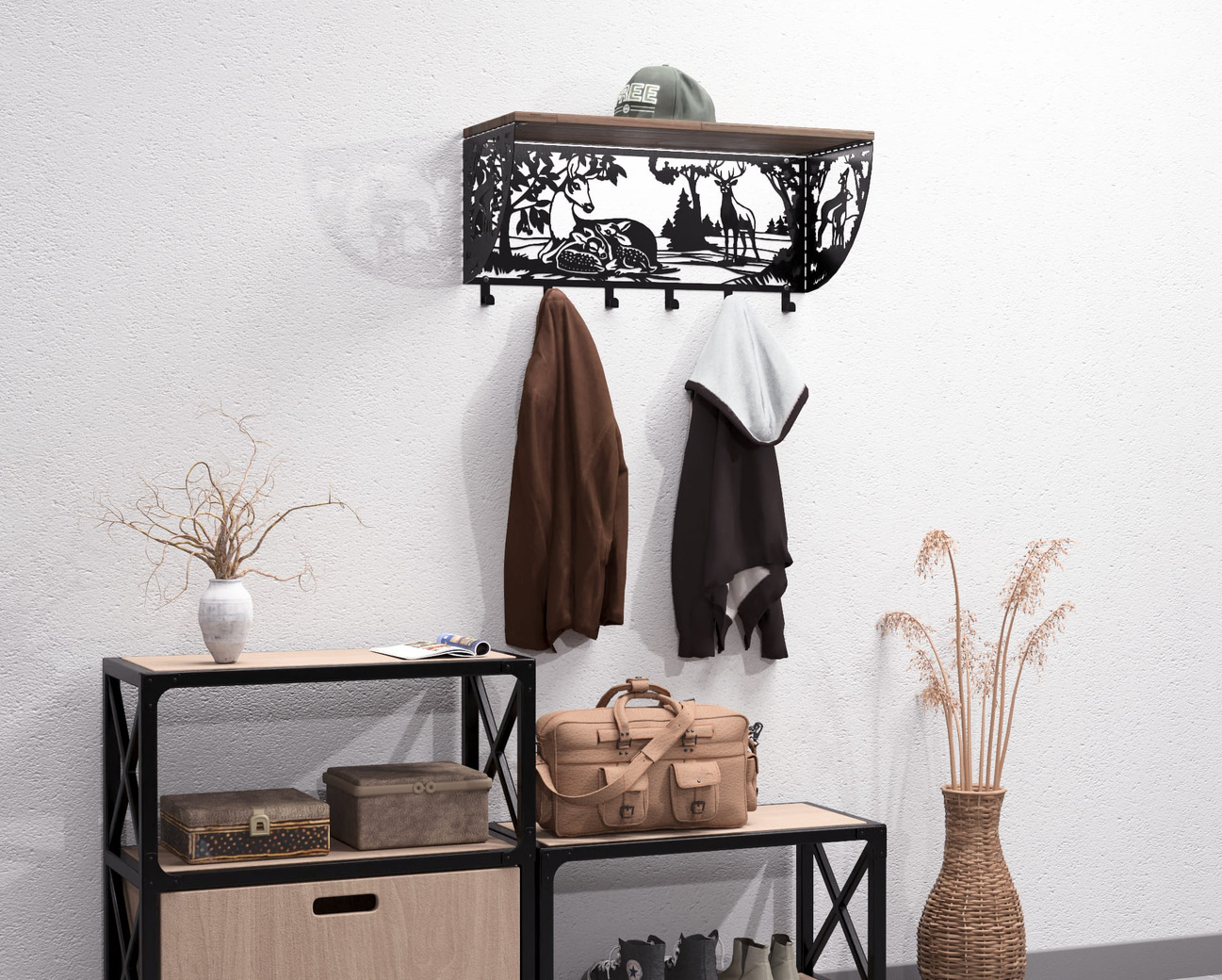 Deer Wall-Mounted Coat rack with shelf. DXF, SVG files for plasma, laser cutting. Wall Coatrack with shelf. Фото 6