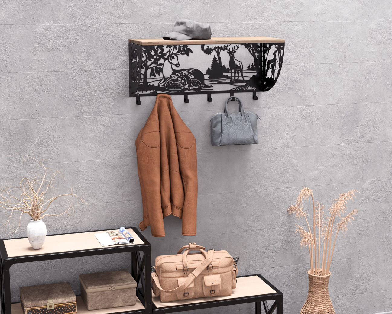 Deer Wall-Mounted Coat rack with shelf. DXF, SVG files for plasma, laser cutting. Wall Coatrack with shelf. Фото 7