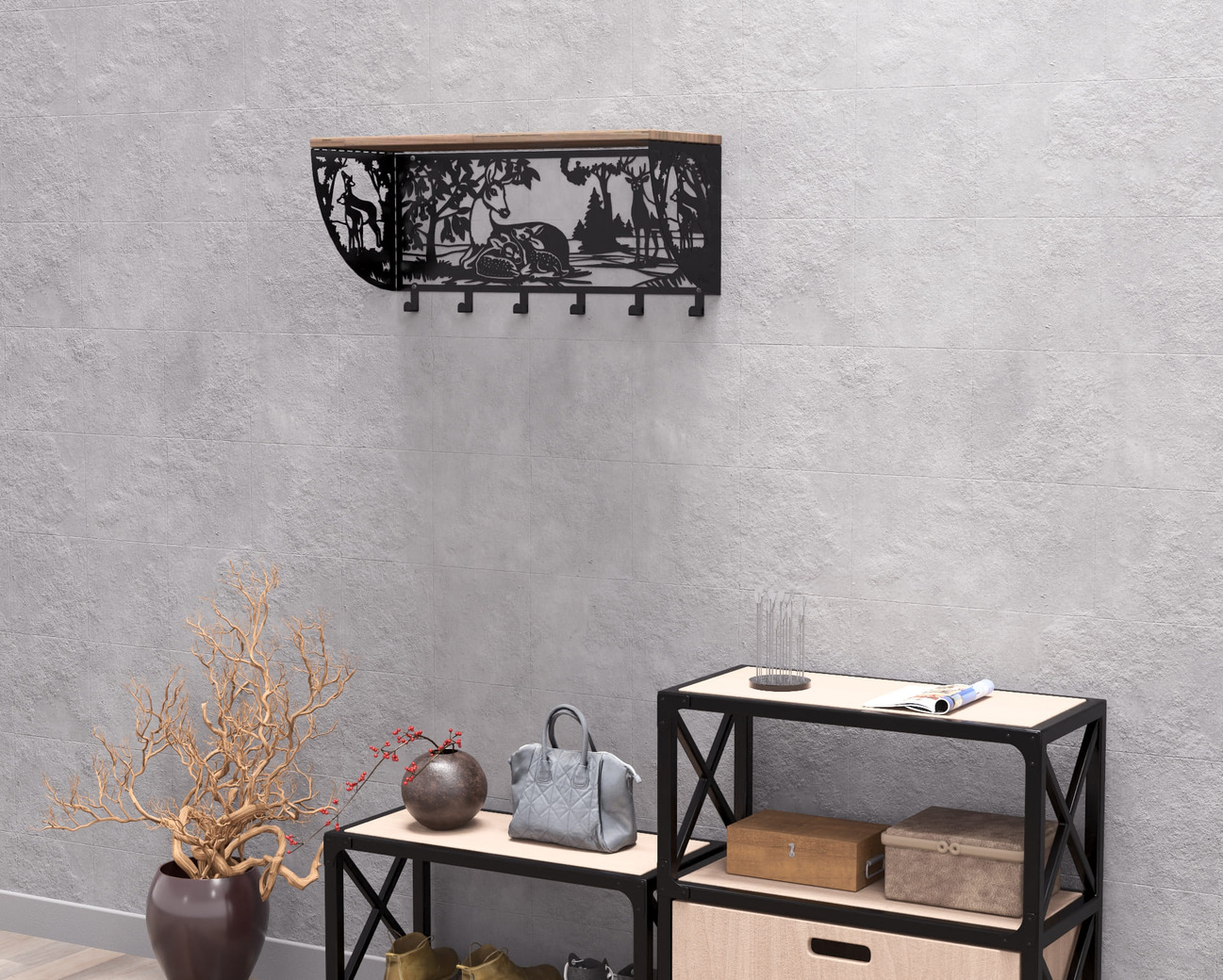 Deer Wall-Mounted Coat rack with shelf. DXF, SVG files for plasma, laser cutting. Wall Coatrack with shelf. Фото 9