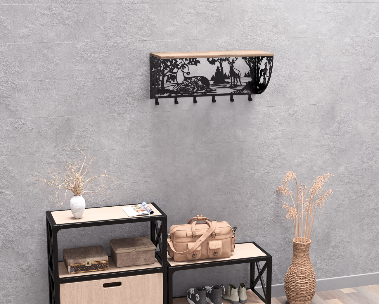 Deer Wall-Mounted Coat rack with shelf. DXF, SVG files for plasma, laser cutting. Wall Coatrack with shelf. Фото 8