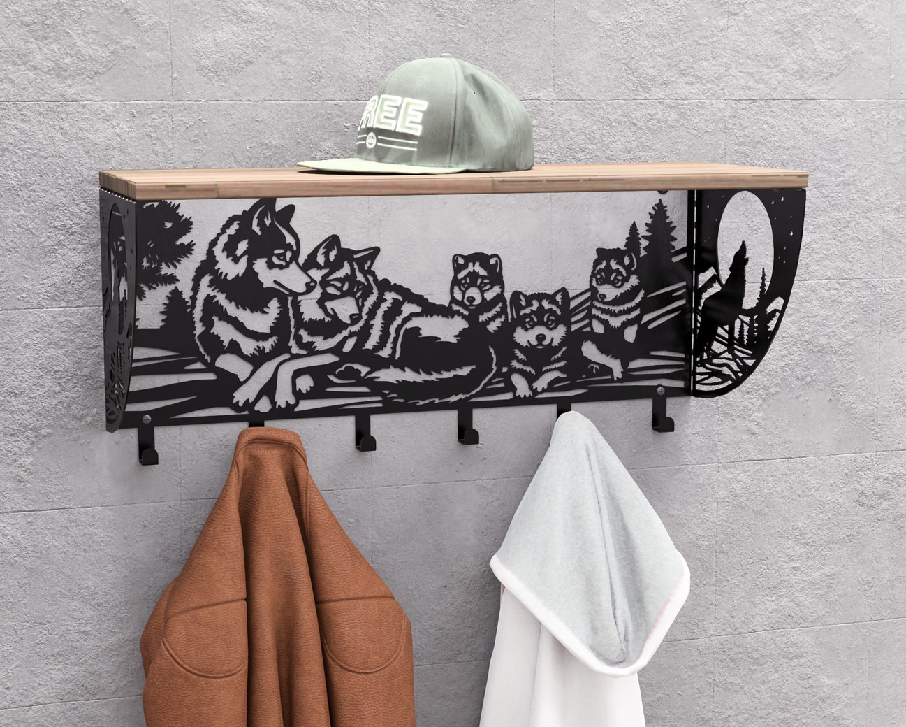 Wolves Wall-Mounted Coat rack with shelf. DXF, SVG files for plasma, laser cutting. Wall Mount Coat rack with shelf