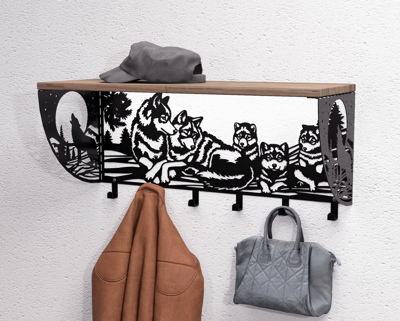 Wolves Wall-Mounted Coat rack with shelf. DXF, SVG files for plasma, laser cutting. Wall Mount Coat rack with shelf. Фото 2