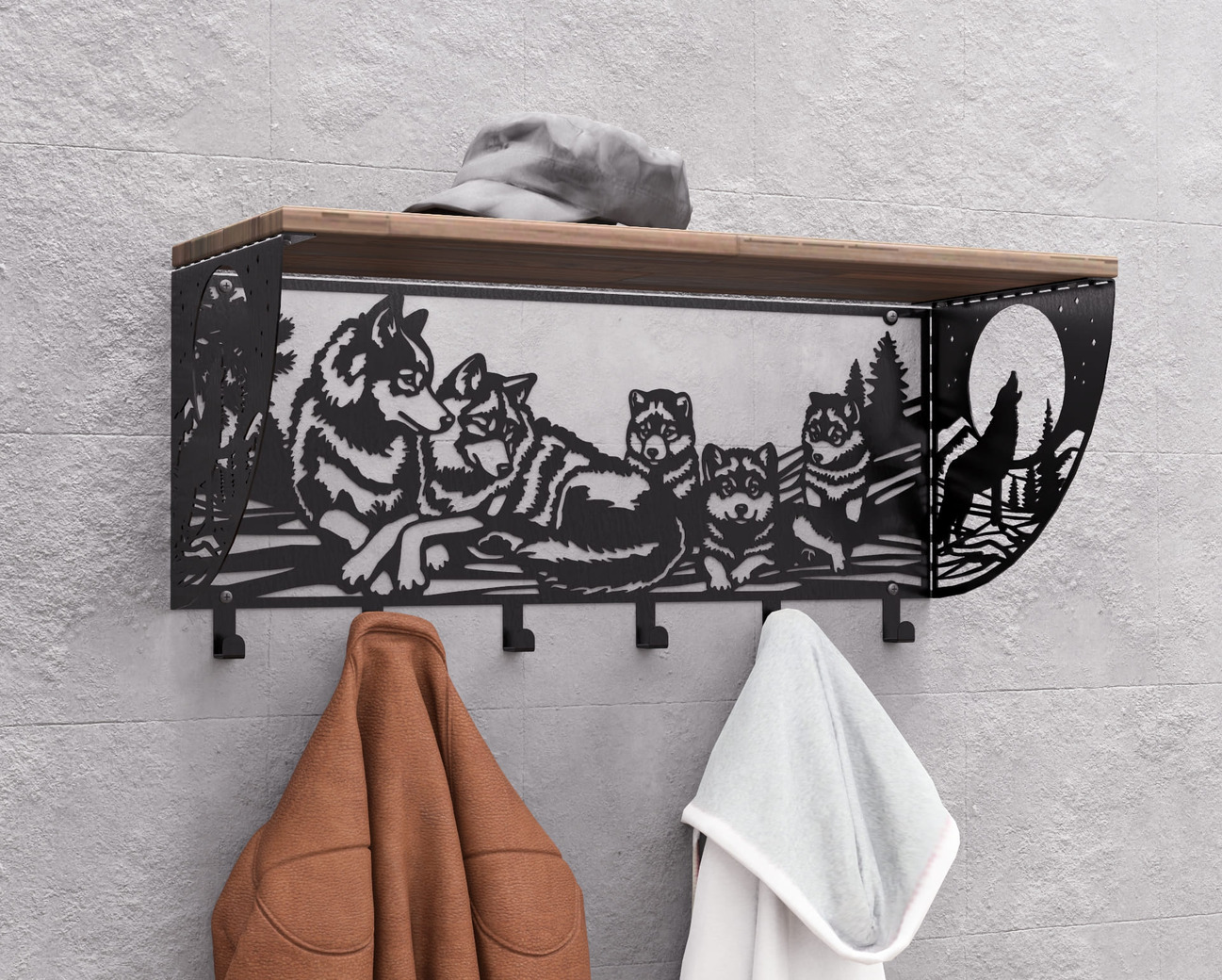 Wolves Wall-Mounted Coat rack with shelf. DXF, SVG files for plasma, laser cutting. Wall Mount Coat rack with shelf. Фото 4