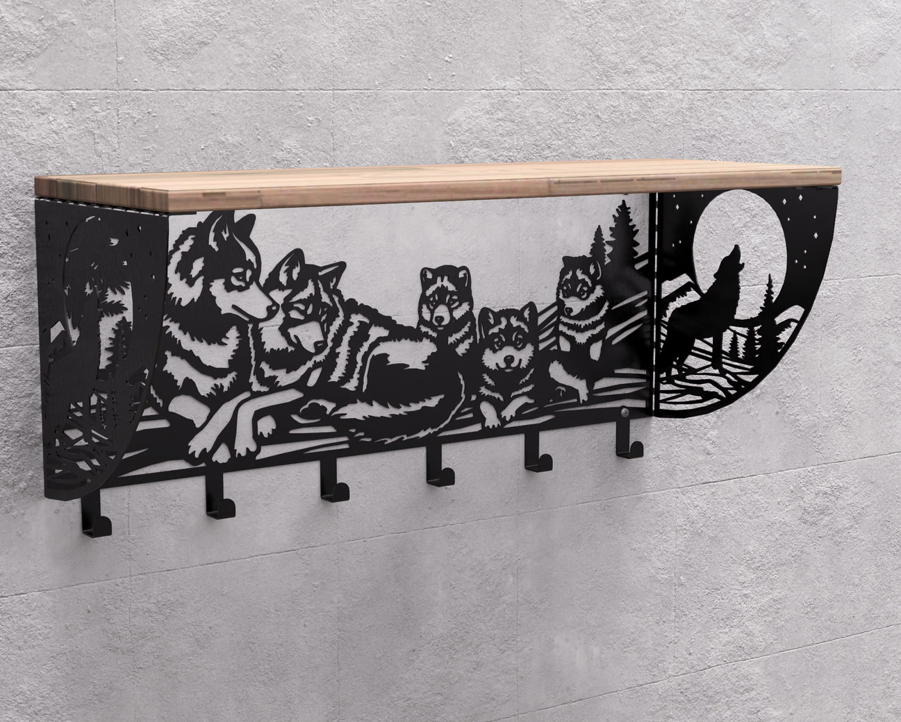 Wolves Wall-Mounted Coat rack with shelf. DXF, SVG files for plasma, laser cutting. Wall Mount Coat rack with shelf. Фото 13