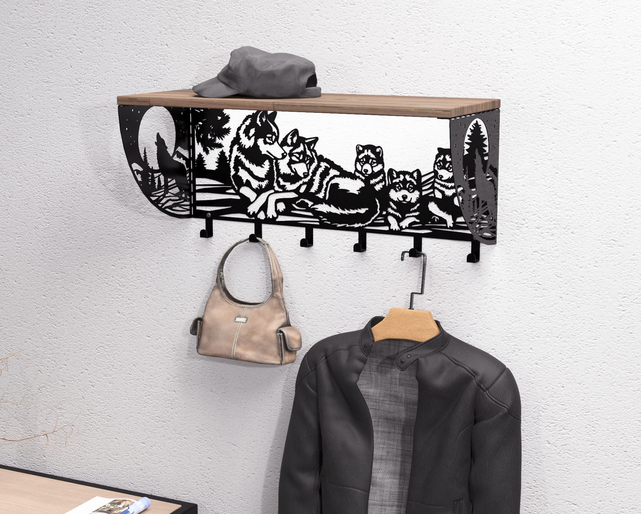 Wolves Wall-Mounted Coat rack with shelf. DXF, SVG files for plasma, laser cutting. Wall Mount Coat rack with shelf. Фото 3