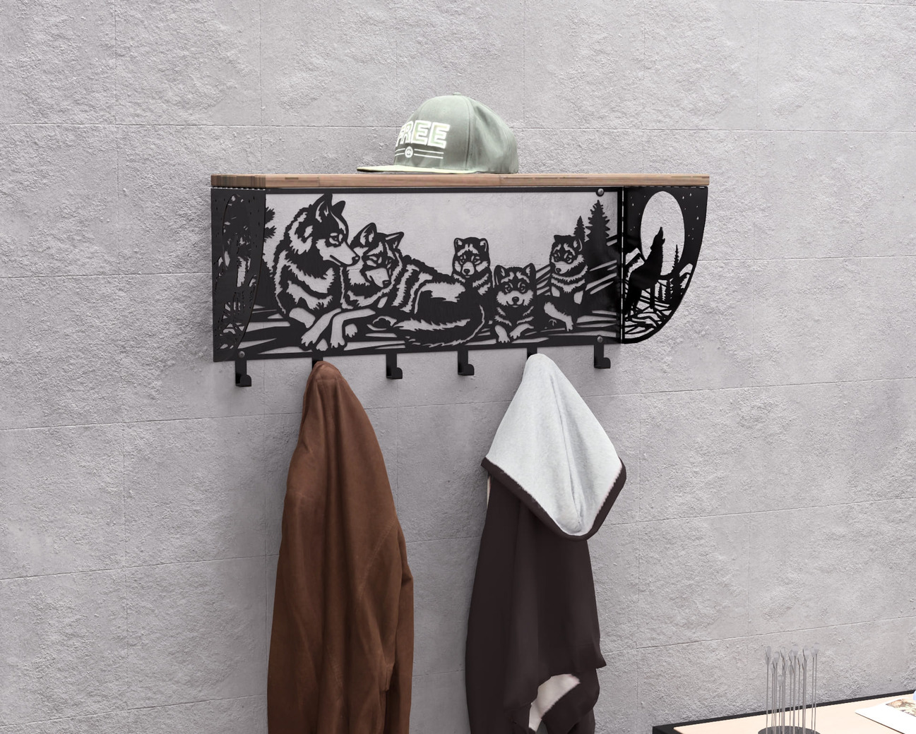 Wolves Wall-Mounted Coat rack with shelf. DXF, SVG files for plasma, laser cutting. Wall Mount Coat rack with shelf. Фото 6