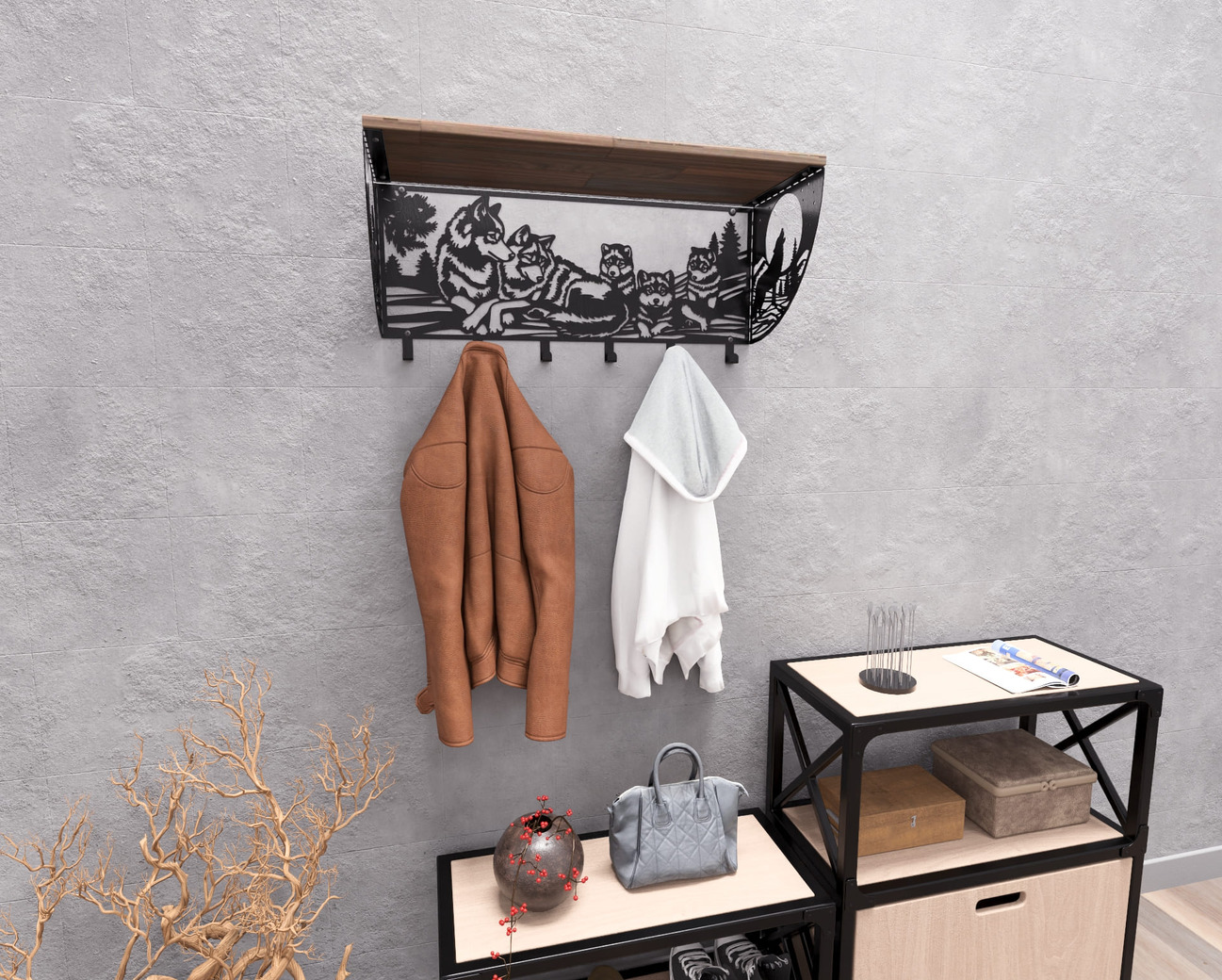 Wolves Wall-Mounted Coat rack with shelf. DXF, SVG files for plasma, laser cutting. Wall Mount Coat rack with shelf. Фото 5