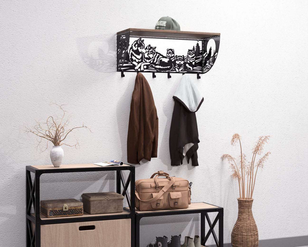 Wolves Wall-Mounted Coat rack with shelf. DXF, SVG files for plasma, laser cutting. Wall Mount Coat rack with shelf. Фото 7