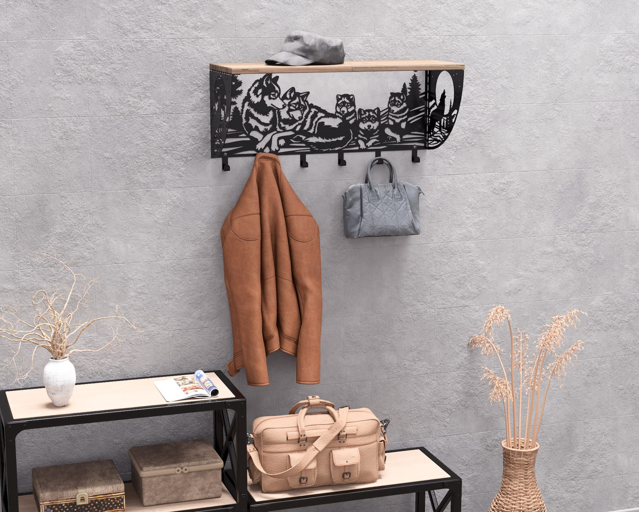 Wolves Wall-Mounted Coat rack with shelf. DXF, SVG files for plasma, laser cutting. Wall Mount Coat rack with shelf. Фото 8