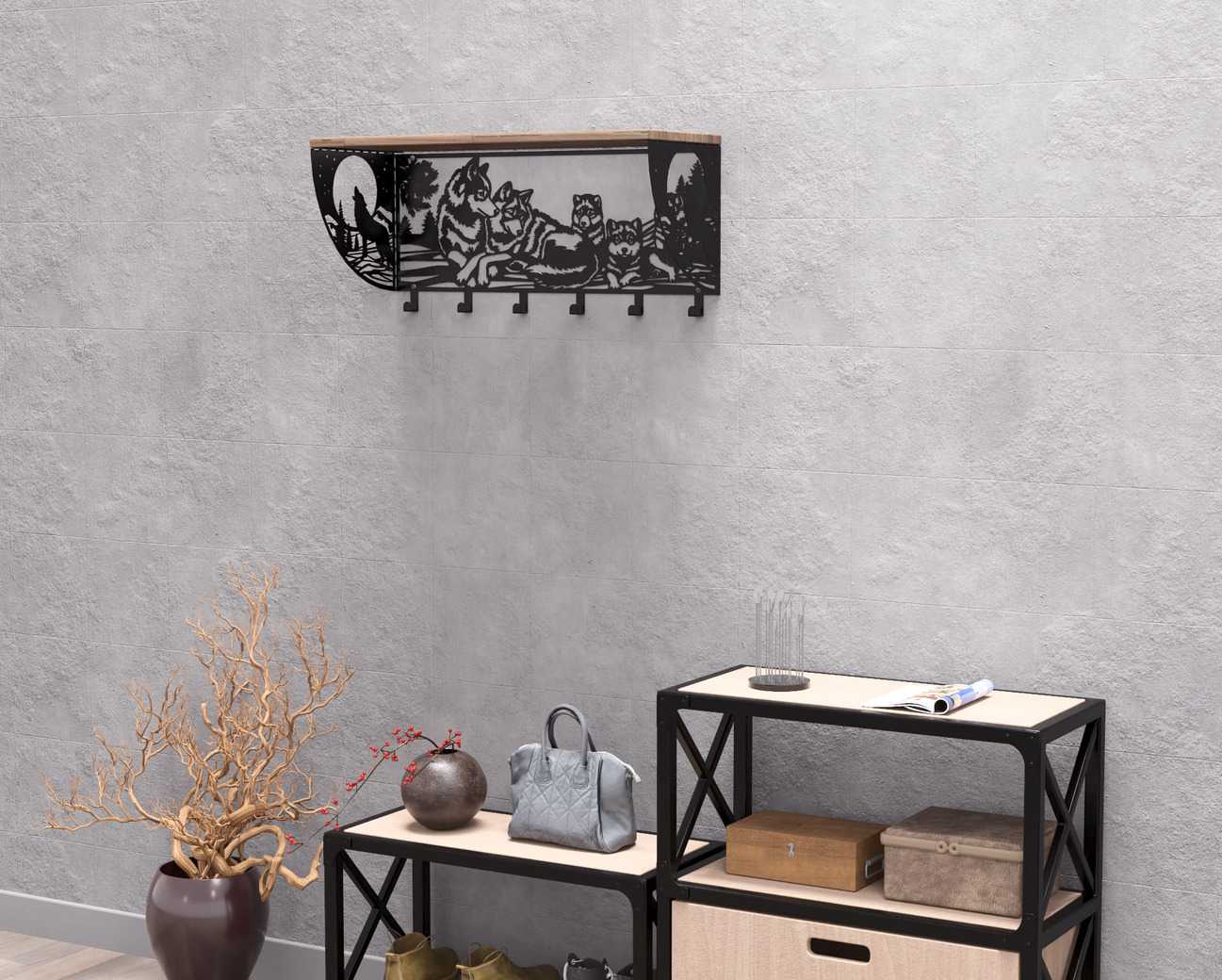 Wolves Wall-Mounted Coat rack with shelf. DXF, SVG files for plasma, laser cutting. Wall Mount Coat rack with shelf. Фото 10