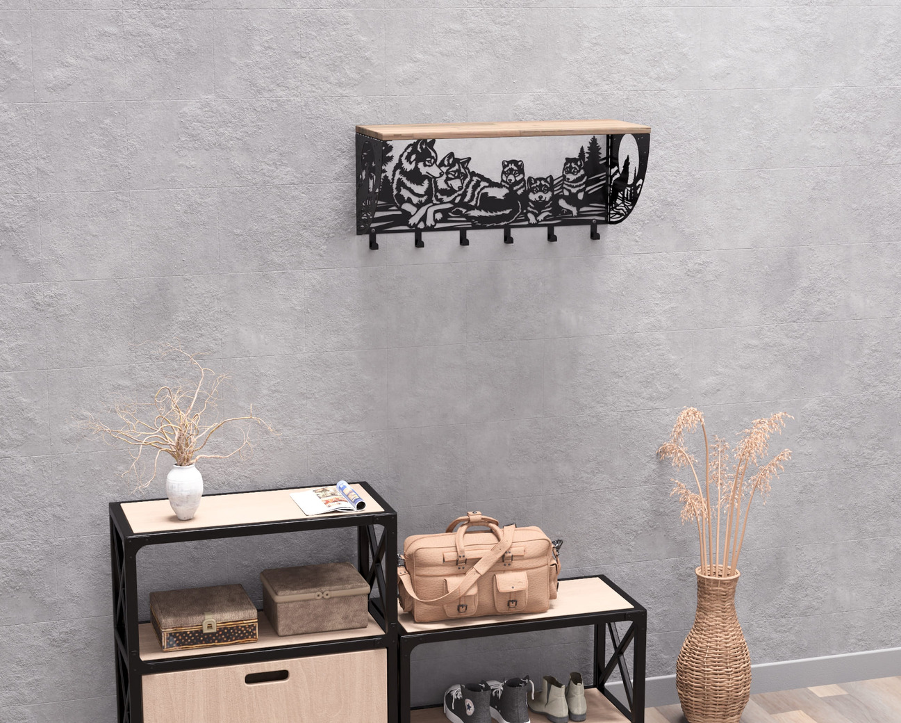 Wolves Wall-Mounted Coat rack with shelf. DXF, SVG files for plasma, laser cutting. Wall Mount Coat rack with shelf. Фото 9