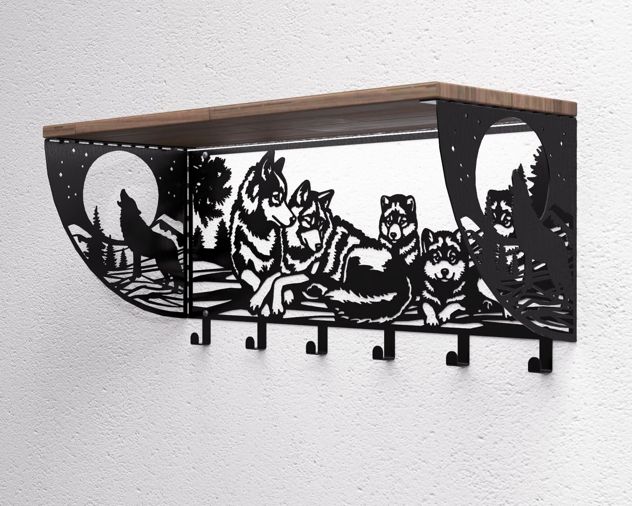 Wolves Wall-Mounted Coat rack with shelf. DXF, SVG files for plasma, laser cutting. Wall Mount Coat rack with shelf. Фото 11