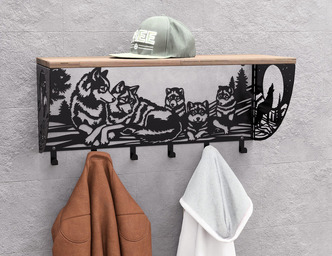 Wolves Wall-Mounted Coat rack with shelf. DXF, SVG files for plasma, laser cutting. Wall Mount Coat rack with shelf