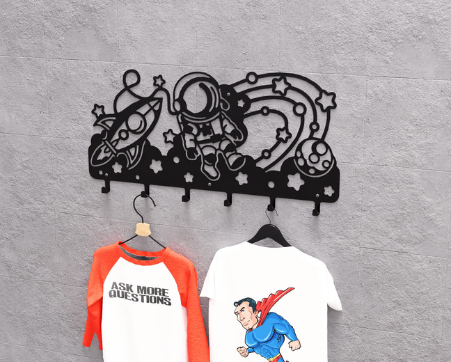 Astronaut with Planets and Stars Children’s Wall-Mounted Coat Rack. DXF, SVG files for plasma, laser cutting. Wall Coatrack
