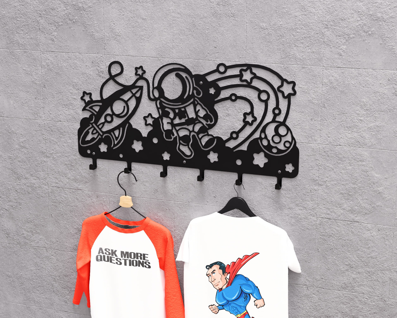 Astronaut with Planets and Stars Children’s Wall-Mounted Coat Rack. DXF, SVG files for plasma, laser cutting. Wall Coatrack