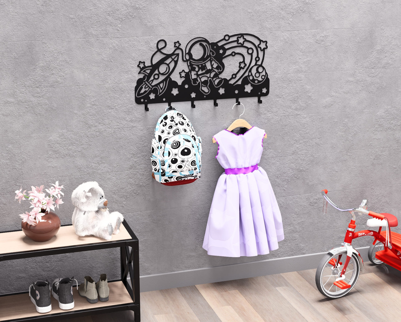 Astronaut with Planets and Stars Children’s Wall-Mounted Coat Rack. DXF, SVG files for plasma, laser cutting. Wall Coatrack. Фото 2