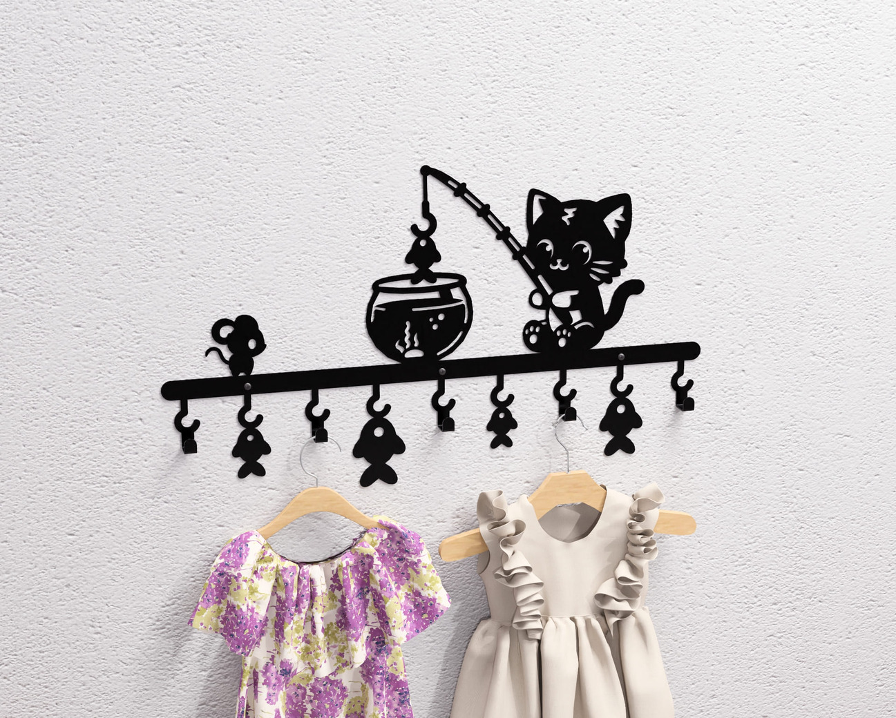Cat on a Fishing Adventure Children’s Wall-Mounted Coat Rack. DXF, SVG files for plasma, laser cutting. Wall Coatrack