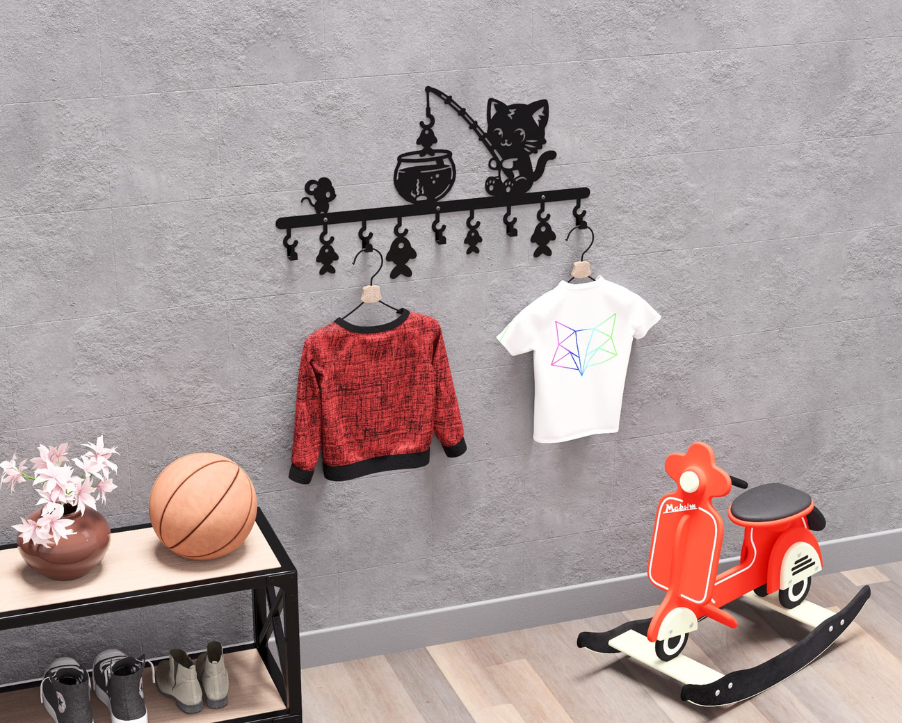 Cat on a Fishing Adventure Children’s Wall-Mounted Coat Rack. DXF, SVG files for plasma, laser cutting. Wall Coatrack. Фото 2