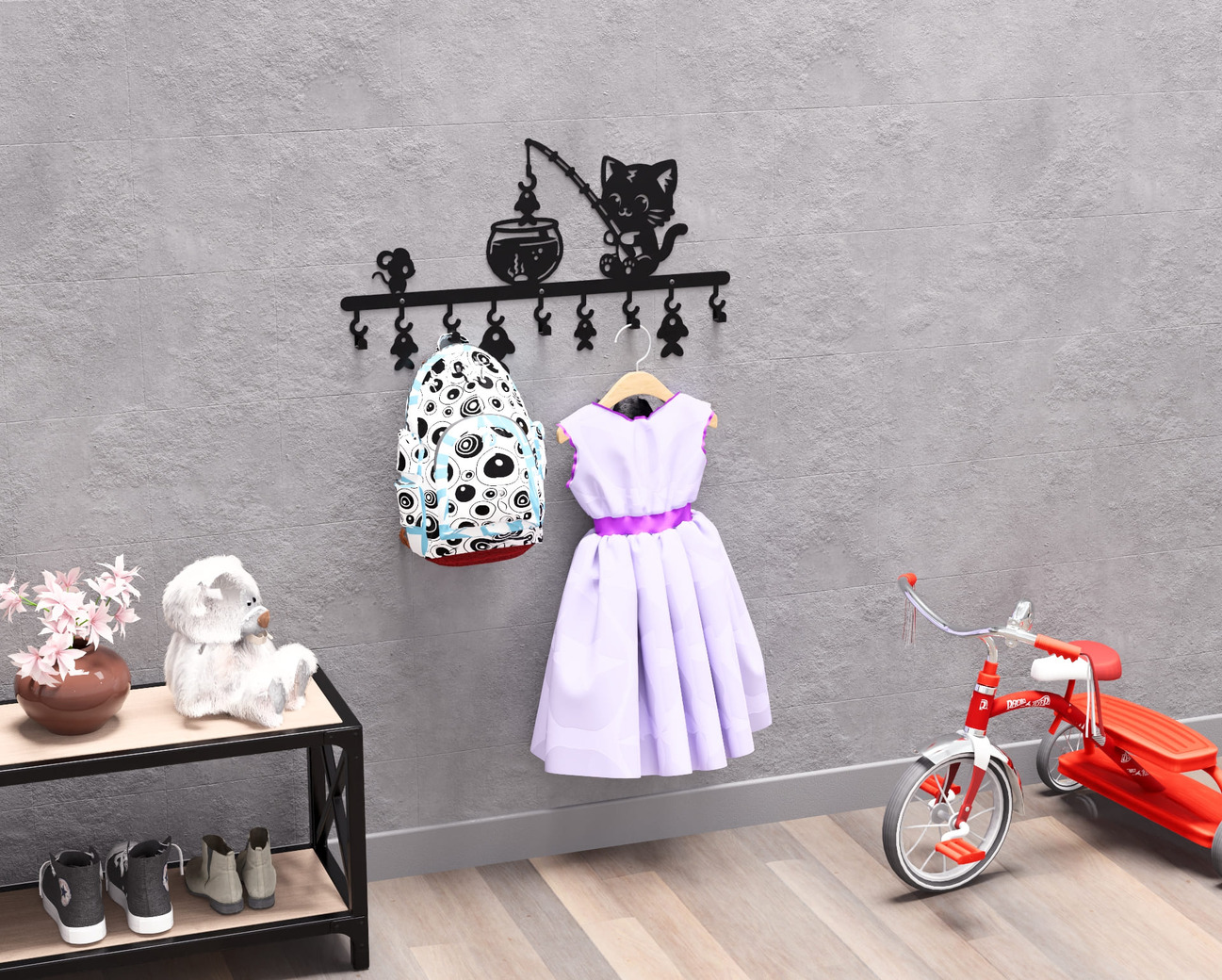 Cat on a Fishing Adventure Children’s Wall-Mounted Coat Rack. DXF, SVG files for plasma, laser cutting. Wall Coatrack. Фото 3