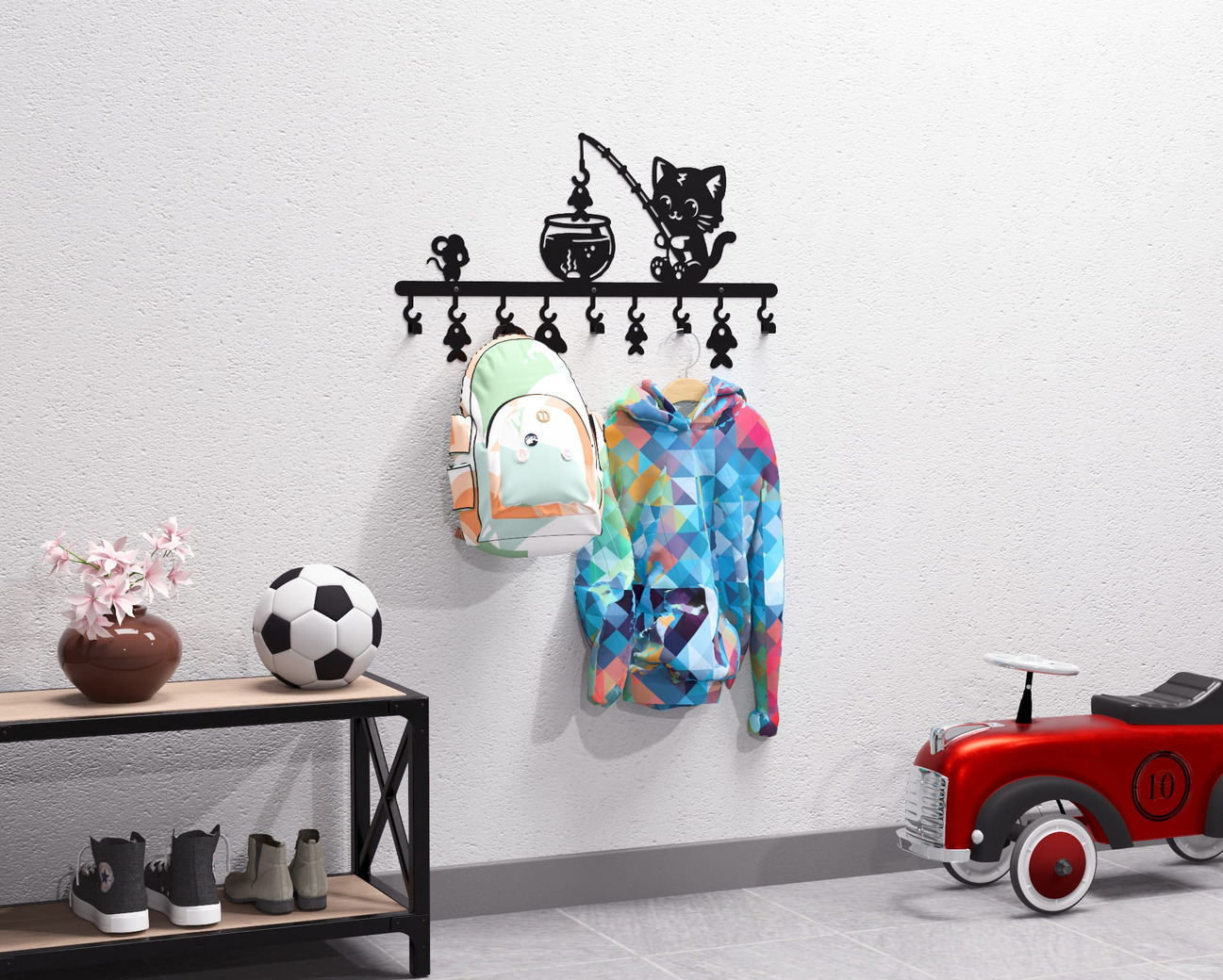 Cat on a Fishing Adventure Children’s Wall-Mounted Coat Rack. DXF, SVG files for plasma, laser cutting. Wall Coatrack. Фото 4