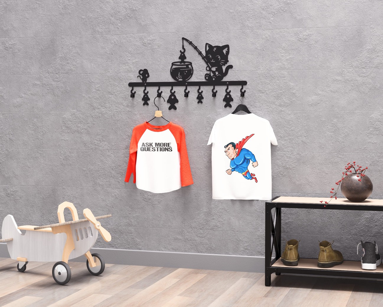 Cat on a Fishing Adventure Children’s Wall-Mounted Coat Rack. DXF, SVG files for plasma, laser cutting. Wall Coatrack. Фото 5