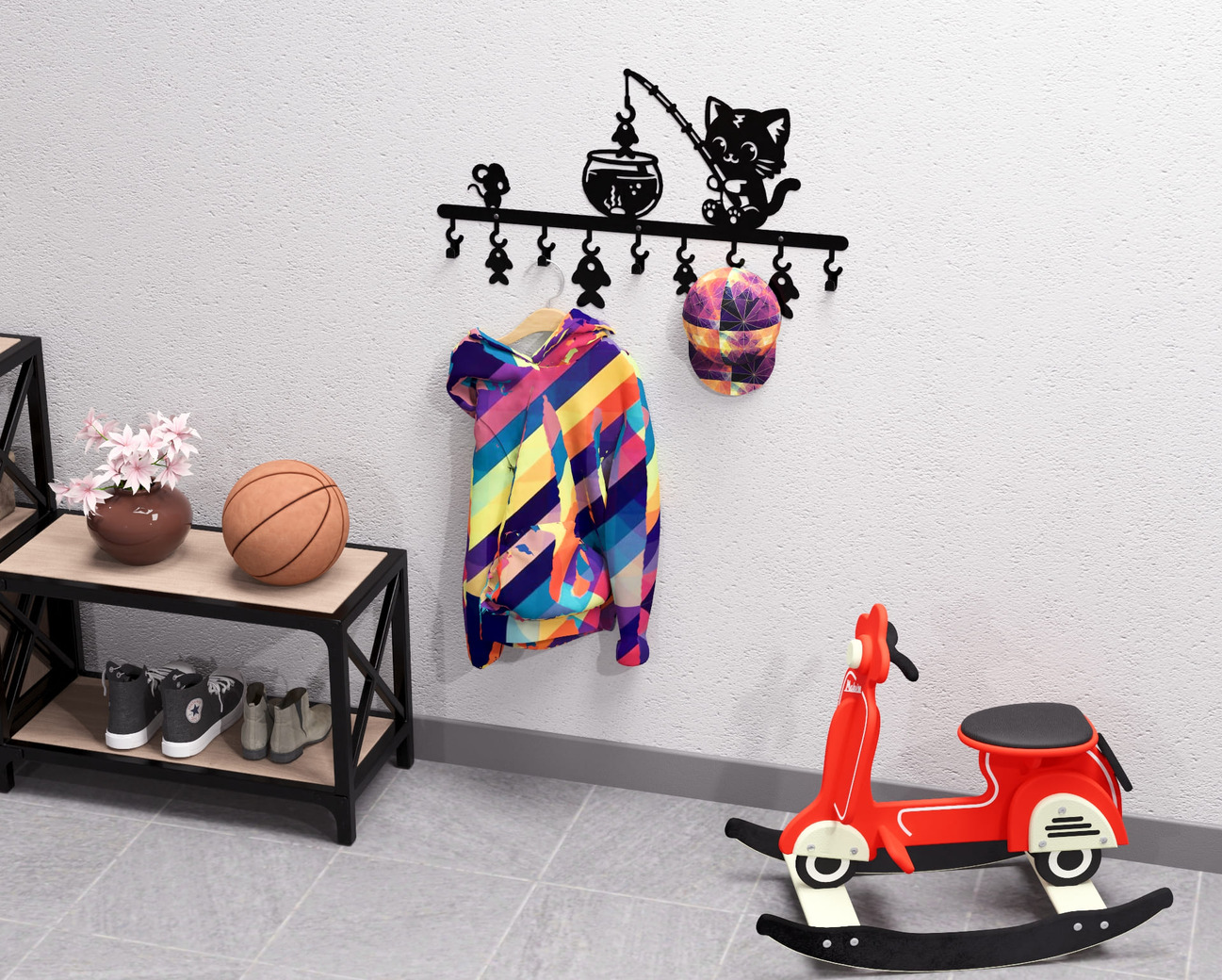 Cat on a Fishing Adventure Children’s Wall-Mounted Coat Rack. DXF, SVG files for plasma, laser cutting. Wall Coatrack. Фото 7