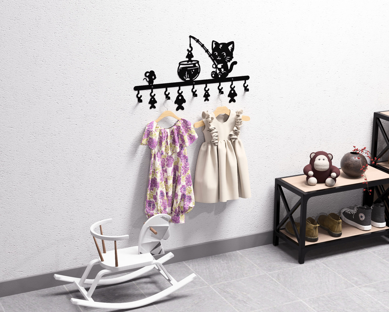 Cat on a Fishing Adventure Children’s Wall-Mounted Coat Rack. DXF, SVG files for plasma, laser cutting. Wall Coatrack. Фото 6