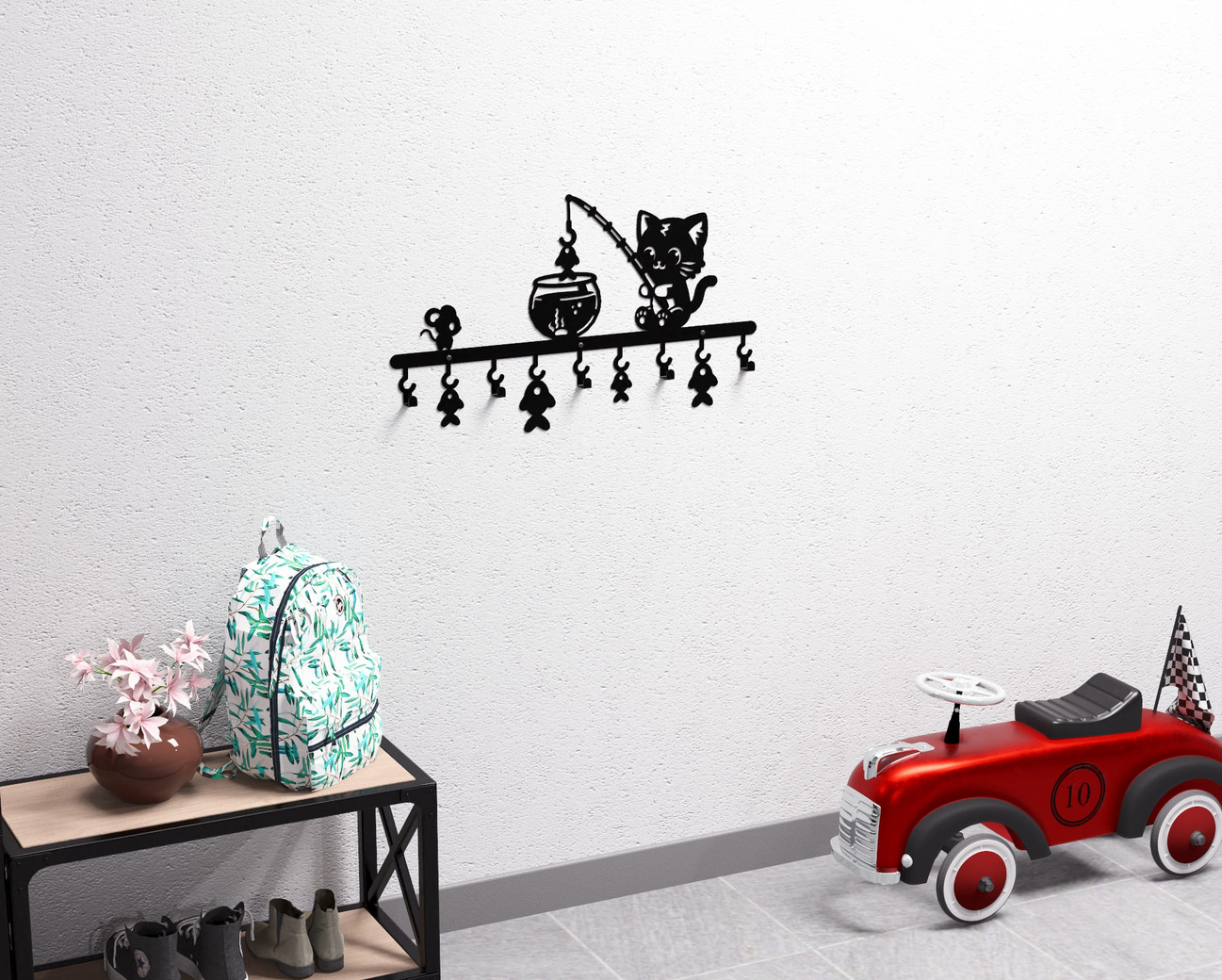 Cat on a Fishing Adventure Children’s Wall-Mounted Coat Rack. DXF, SVG files for plasma, laser cutting. Wall Coatrack. Фото 8