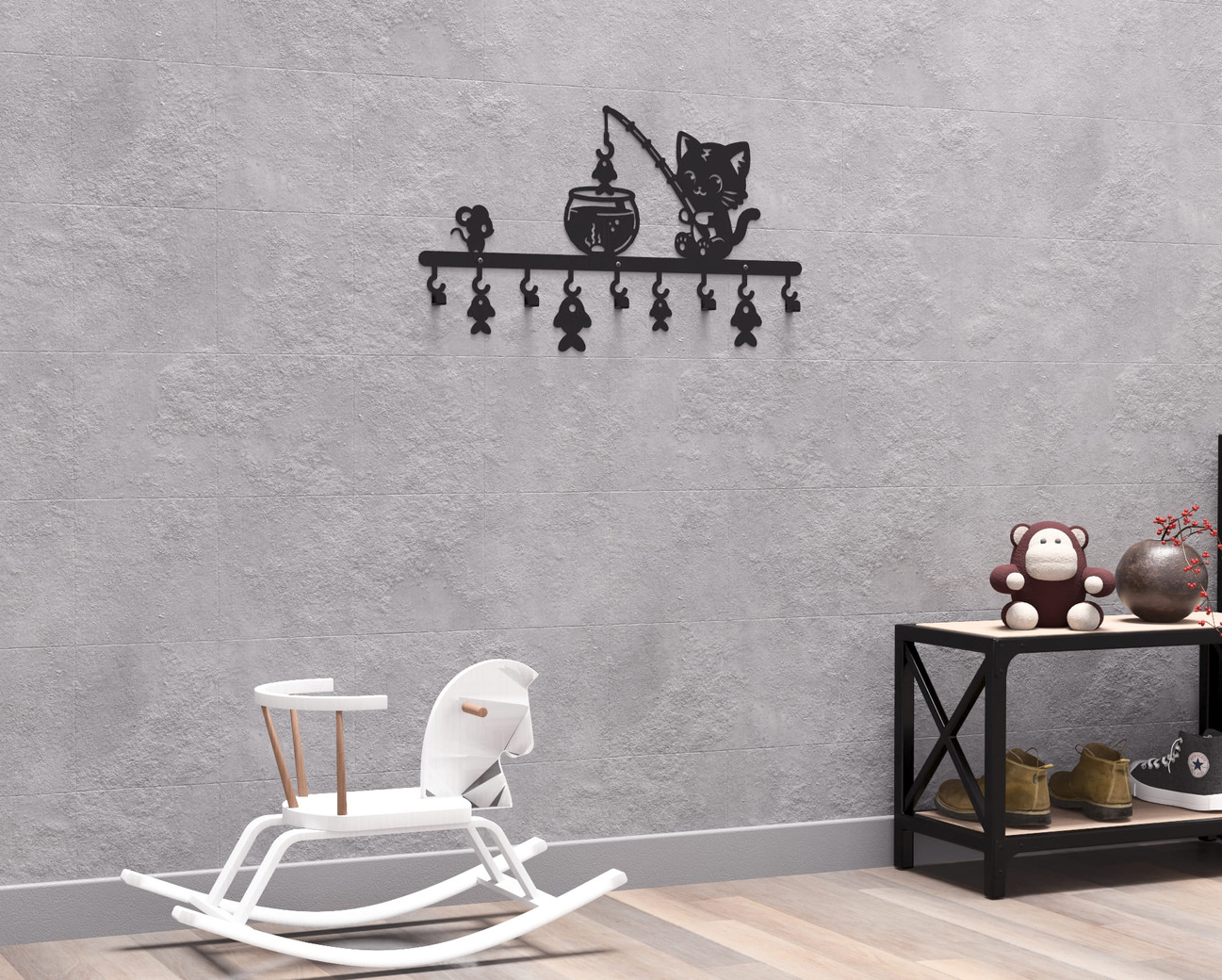 Cat on a Fishing Adventure Children’s Wall-Mounted Coat Rack. DXF, SVG files for plasma, laser cutting. Wall Coatrack. Фото 9