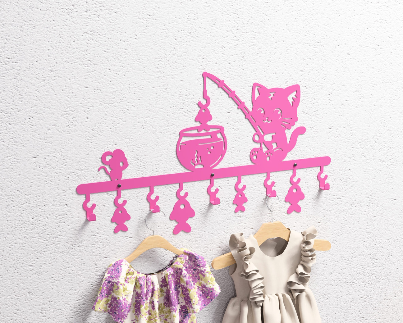Cat on a Fishing Adventure Children’s Wall-Mounted Coat Rack. DXF, SVG files for plasma, laser cutting. Wall Coatrack. Фото 12