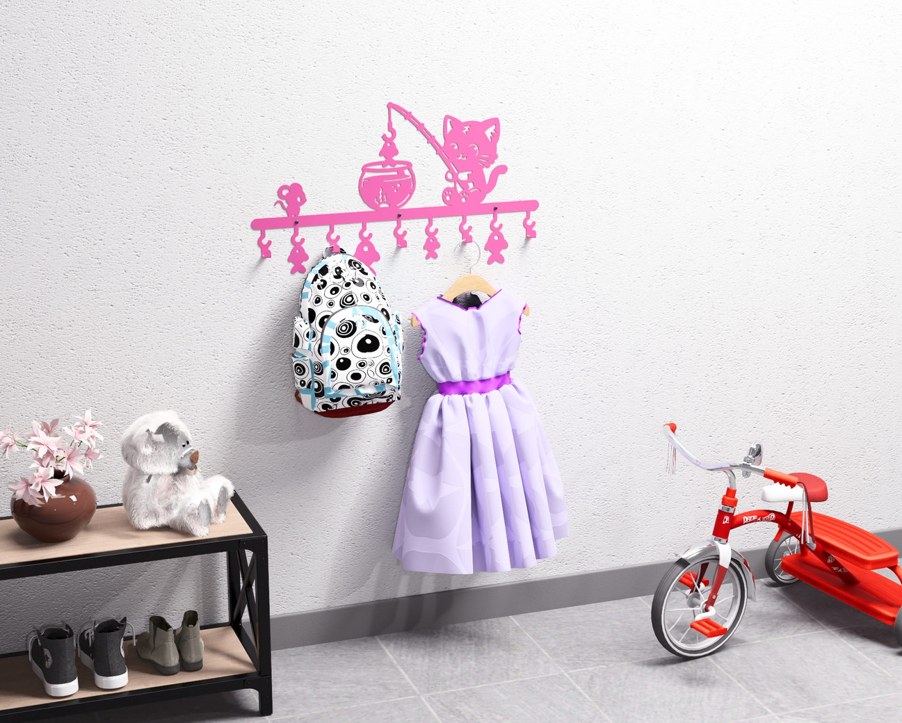 Cat on a Fishing Adventure Children’s Wall-Mounted Coat Rack. DXF, SVG files for plasma, laser cutting. Wall Coatrack. Фото 13