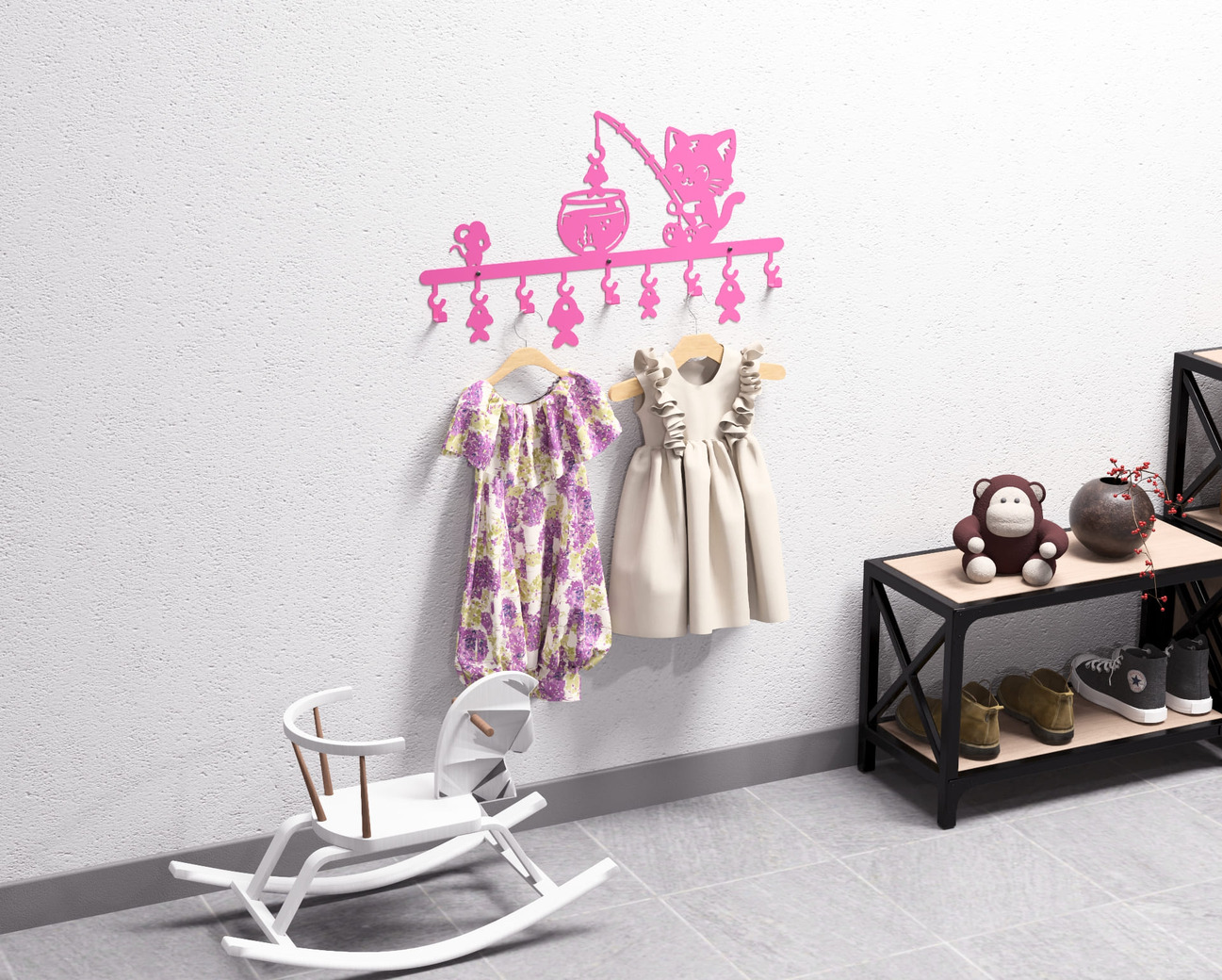 Cat on a Fishing Adventure Children’s Wall-Mounted Coat Rack. DXF, SVG files for plasma, laser cutting. Wall Coatrack. Фото 14