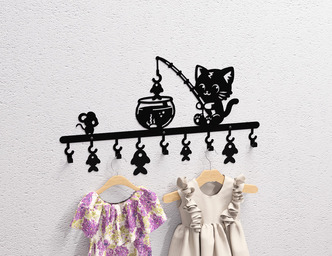 Cat on a Fishing Adventure Children’s Wall-Mounted Coat Rack. DXF, SVG files for plasma, laser cutting. Wall Coatrack