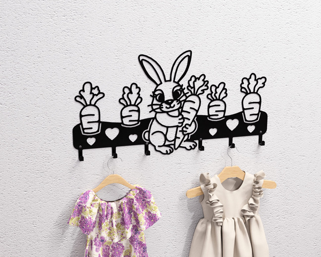 Cute Bunny with Carrots Children’s Wall-Mounted Coat Rack. DXF, SVG files for plasma, laser cutting. Wall Coatrack