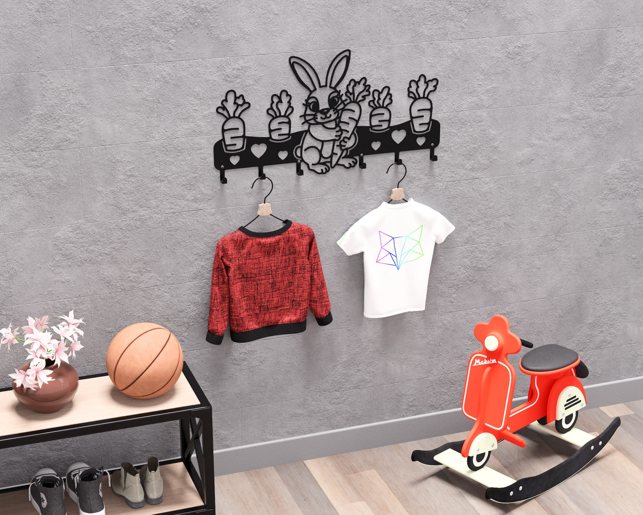 Cute Bunny with Carrots Children’s Wall-Mounted Coat Rack. DXF, SVG files for plasma, laser cutting. Wall Coatrack. Фото 4