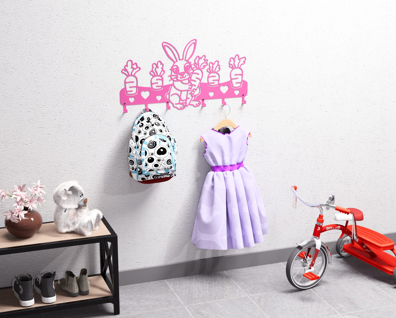 Cute Bunny with Carrots Children’s Wall-Mounted Coat Rack. DXF, SVG files for plasma, laser cutting. Wall Coatrack. Фото 3