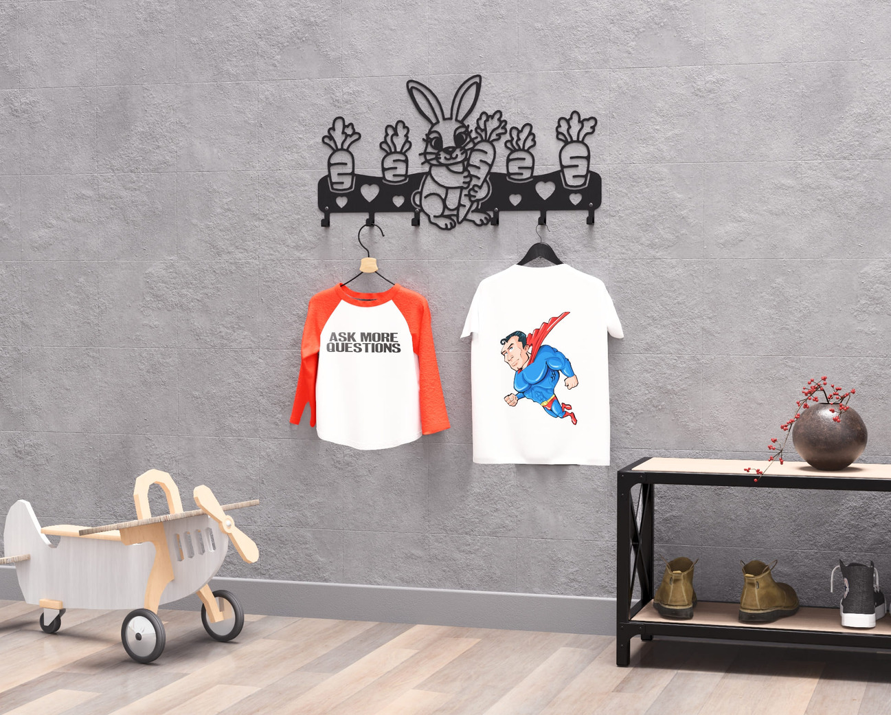 Cute Bunny with Carrots Children’s Wall-Mounted Coat Rack. DXF, SVG files for plasma, laser cutting. Wall Coatrack. Фото 5