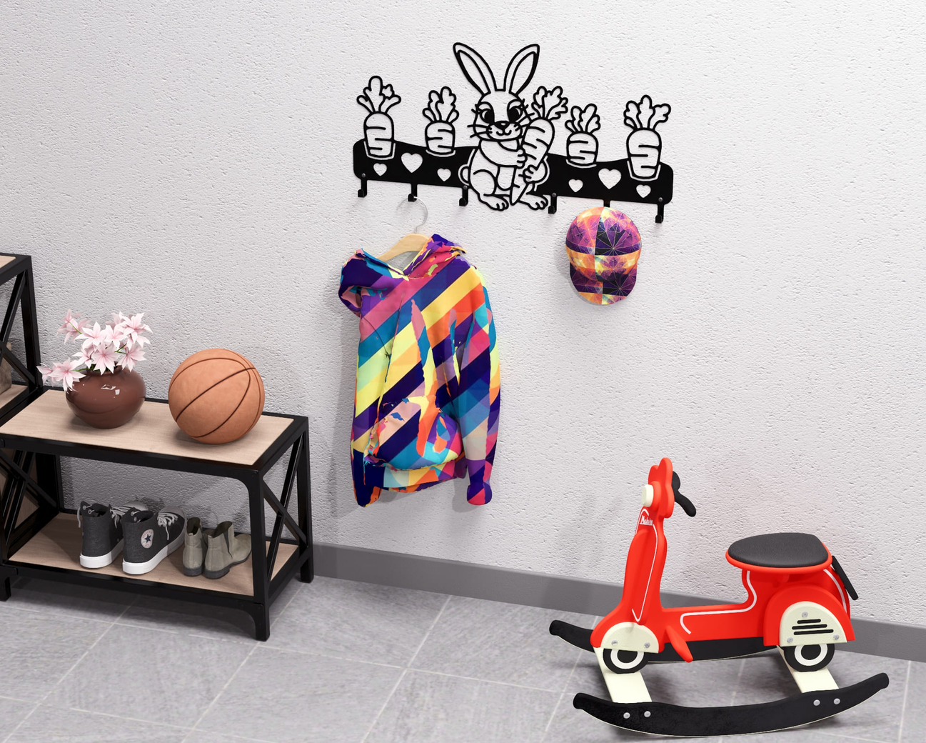 Cute Bunny with Carrots Children’s Wall-Mounted Coat Rack. DXF, SVG files for plasma, laser cutting. Wall Coatrack. Фото 6